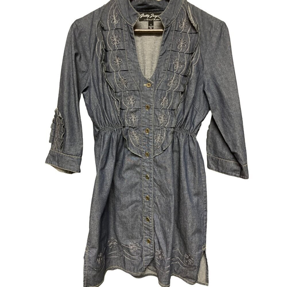 Gretty Zueger Denim Women's Dress V-Neck Embroidered Small Cotton Western Button
